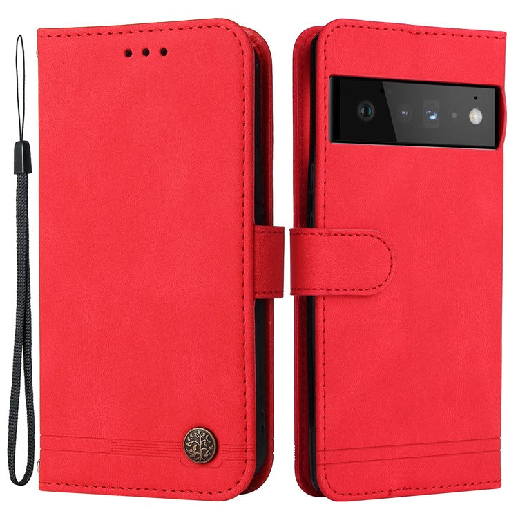 Supporting Stand Card Slots Phone Flip Case Retro Tree Pattern Metal Button Decor Wallet PU Leather+TPU Cover for Google Pixel 6 Pro - Red