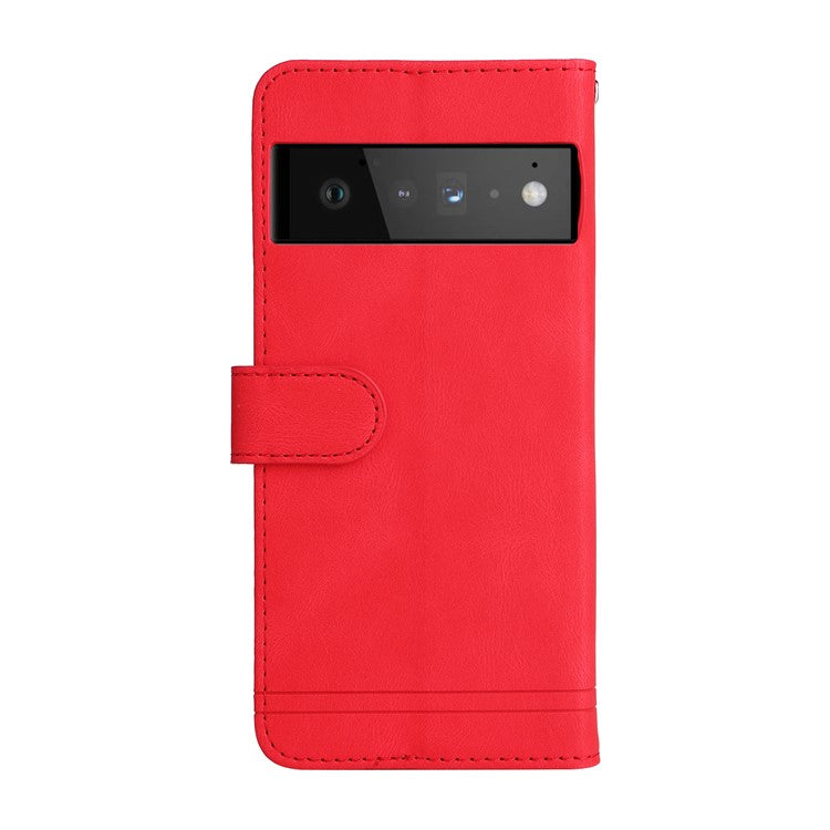 Supporting Stand Card Slots Phone Flip Case Retro Tree Pattern Metal Button Decor Wallet PU Leather+TPU Cover for Google Pixel 6 Pro - Red