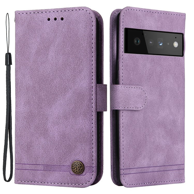 Supporting Stand Card Slots Phone Flip Case Retro Tree Pattern Metal Button Decor Wallet PU Leather+TPU Cover for Google Pixel 6 Pro - Purple