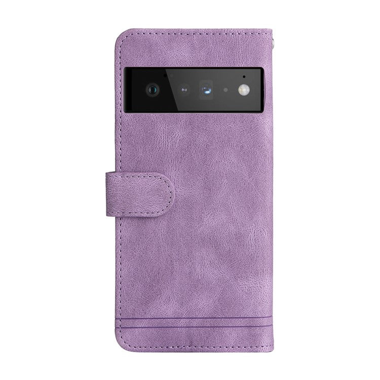 Supporting Stand Card Slots Phone Flip Case Retro Tree Pattern Metal Button Decor Wallet PU Leather+TPU Cover for Google Pixel 6 Pro - Purple