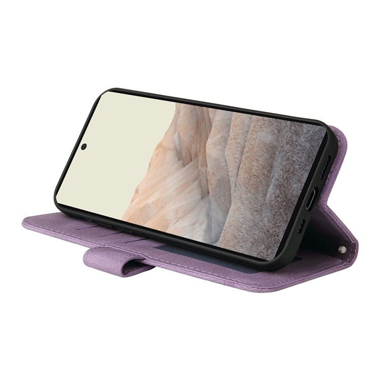 Supporting Stand Card Slots Phone Flip Case Retro Tree Pattern Metal Button Decor Wallet PU Leather+TPU Cover for Google Pixel 6 Pro - Purple