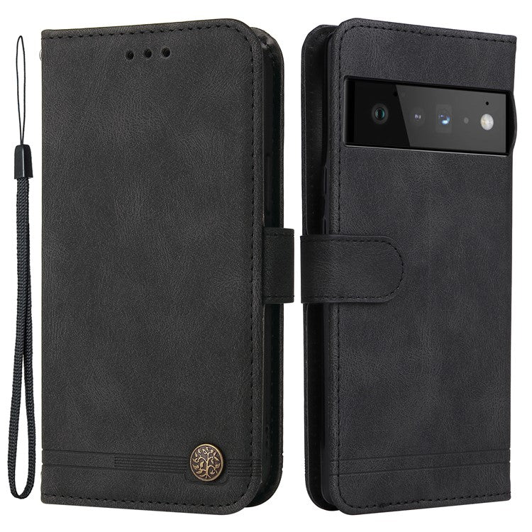 Supporting Stand Card Slots Phone Flip Case Retro Tree Pattern Metal Button Decor Wallet PU Leather+TPU Cover for Google Pixel 6 Pro - Black