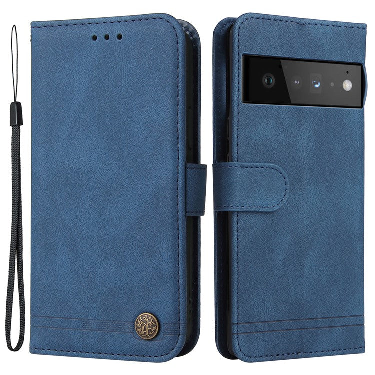 Supporting Stand Card Slots Phone Flip Case Retro Tree Pattern Metal Button Decor Wallet PU Leather+TPU Cover for Google Pixel 6 Pro - Blue