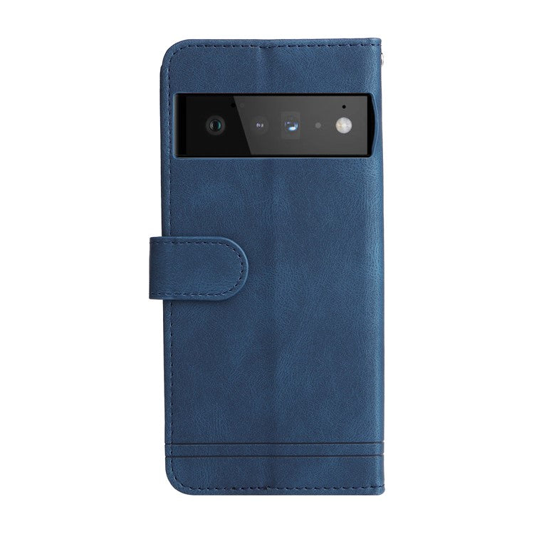 Supporting Stand Card Slots Phone Flip Case Retro Tree Pattern Metal Button Decor Wallet PU Leather+TPU Cover for Google Pixel 6 Pro - Blue