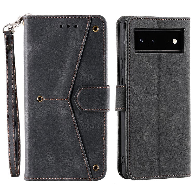 Protective Cover Splicing PU Leather and TPU Phone Flip Case Stitching Skin-touch Stand Wallet for Google Pixel 6 - Black