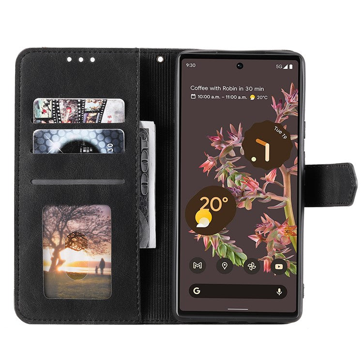 Protective Cover Splicing PU Leather and TPU Phone Flip Case Stitching Skin-touch Stand Wallet for Google Pixel 6 - Black