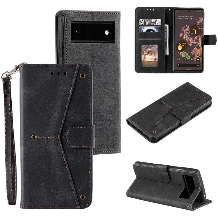 Protective Cover Splicing PU Leather and TPU Phone Flip Case Stitching Skin-touch Stand Wallet for Google Pixel 6 - Black