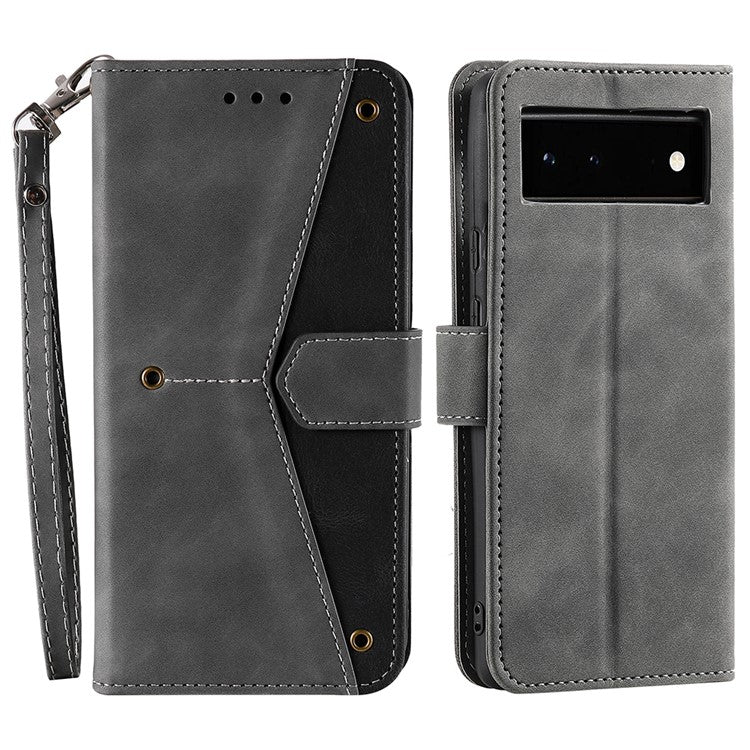 Protective Cover Splicing PU Leather and TPU Phone Flip Case Stitching Skin-touch Stand Wallet for Google Pixel 6 - Grey