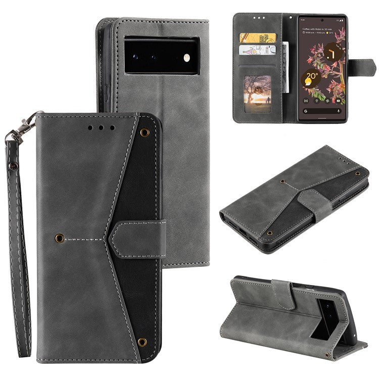 Protective Cover Splicing PU Leather and TPU Phone Flip Case Stitching Skin-touch Stand Wallet for Google Pixel 6 - Grey