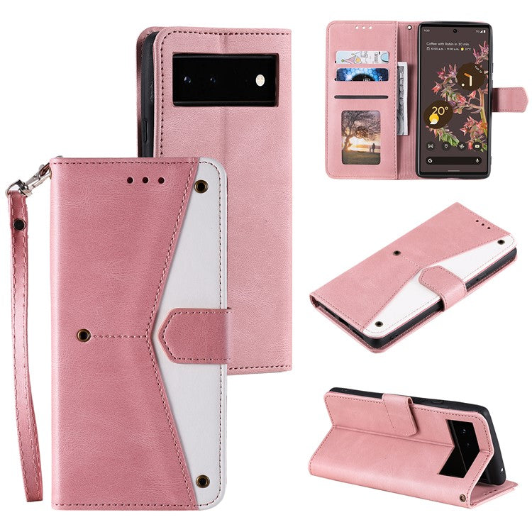 Protective Cover Splicing PU Leather and TPU Phone Flip Case Stitching Skin-touch Stand Wallet for Google Pixel 6 - Pink