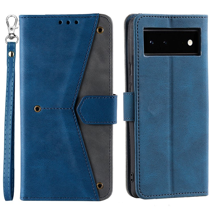 Protective Cover Splicing PU Leather and TPU Phone Flip Case Stitching Skin-touch Stand Wallet for Google Pixel 6 - Blue