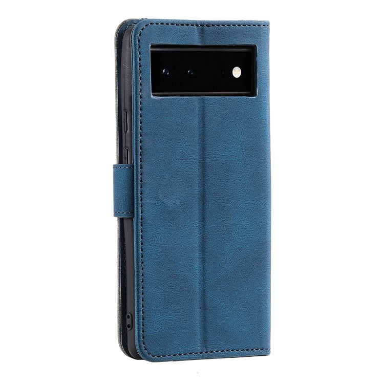 Protective Cover Splicing PU Leather and TPU Phone Flip Case Stitching Skin-touch Stand Wallet for Google Pixel 6 - Blue