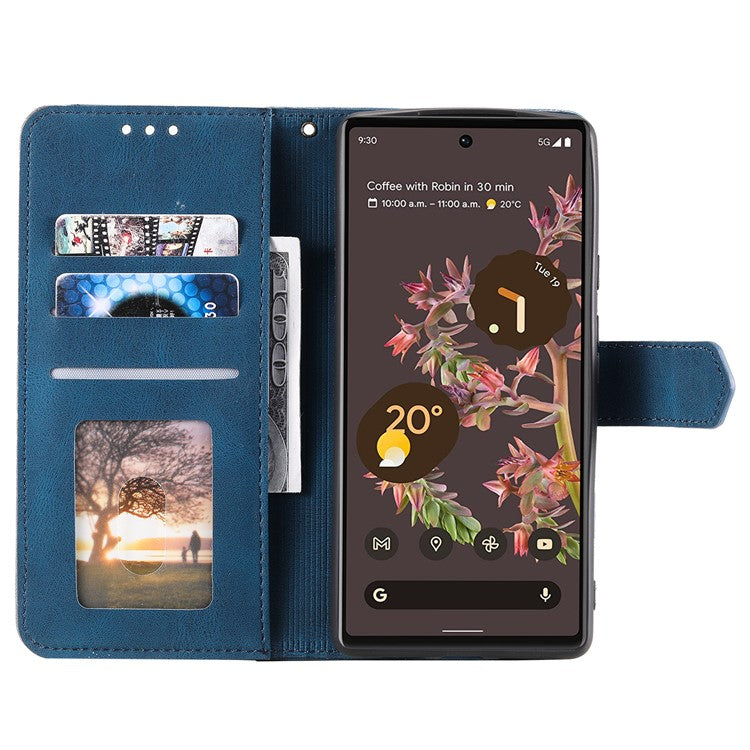 Protective Cover Splicing PU Leather and TPU Phone Flip Case Stitching Skin-touch Stand Wallet for Google Pixel 6 - Blue