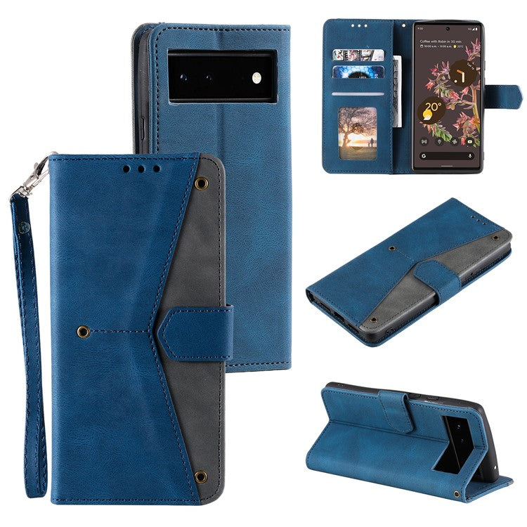 Protective Cover Splicing PU Leather and TPU Phone Flip Case Stitching Skin-touch Stand Wallet for Google Pixel 6 - Blue