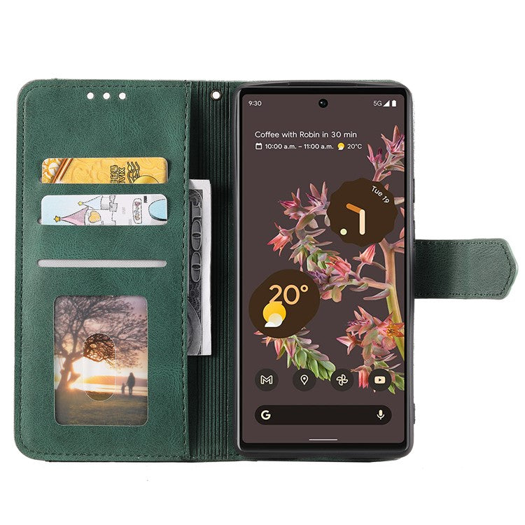 Protective Cover Splicing PU Leather and TPU Phone Flip Case Stitching Skin-touch Stand Wallet for Google Pixel 6 - Green