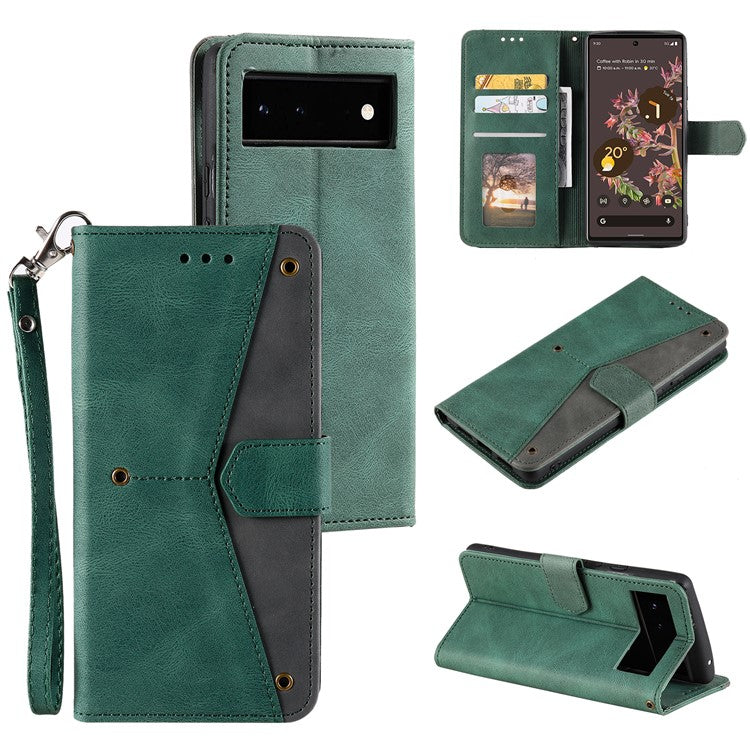 Protective Cover Splicing PU Leather and TPU Phone Flip Case Stitching Skin-touch Stand Wallet for Google Pixel 6 - Green