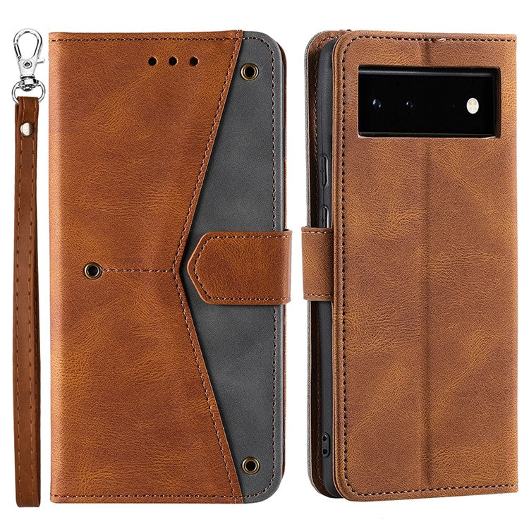 Protective Cover Splicing PU Leather and TPU Phone Flip Case Stitching Skin-touch Stand Wallet for Google Pixel 6 - Brown