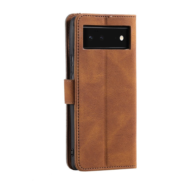 Protective Cover Splicing PU Leather and TPU Phone Flip Case Stitching Skin-touch Stand Wallet for Google Pixel 6 - Brown