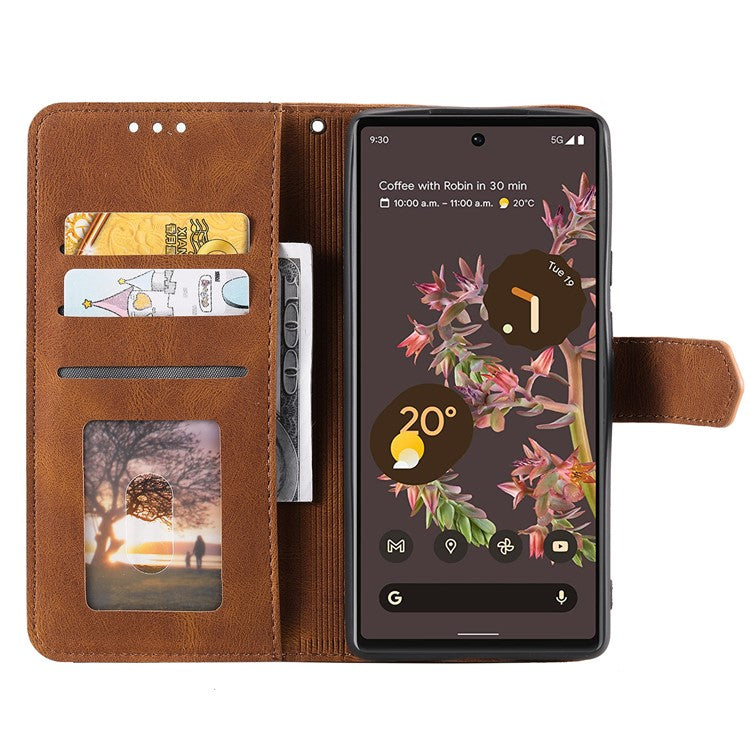 Protective Cover Splicing PU Leather and TPU Phone Flip Case Stitching Skin-touch Stand Wallet for Google Pixel 6 - Brown