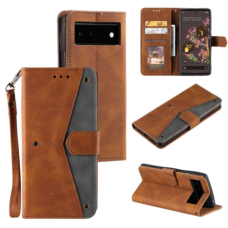 Protective Cover Splicing PU Leather and TPU Phone Flip Case Stitching Skin-touch Stand Wallet for Google Pixel 6 - Brown