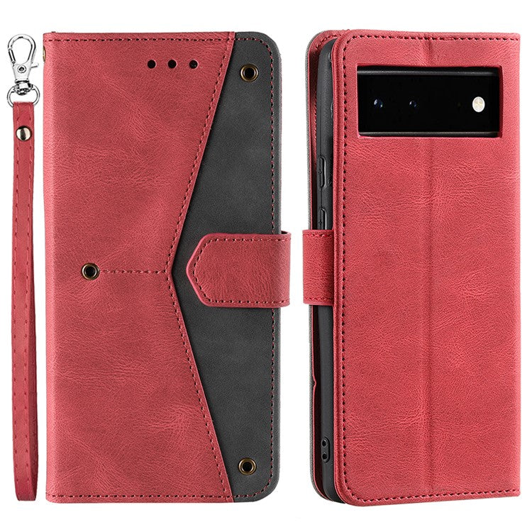 Protective Cover Splicing PU Leather and TPU Phone Flip Case Stitching Skin-touch Stand Wallet for Google Pixel 6 - Red