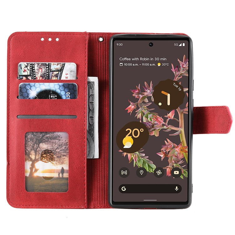 Protective Cover Splicing PU Leather and TPU Phone Flip Case Stitching Skin-touch Stand Wallet for Google Pixel 6 - Red