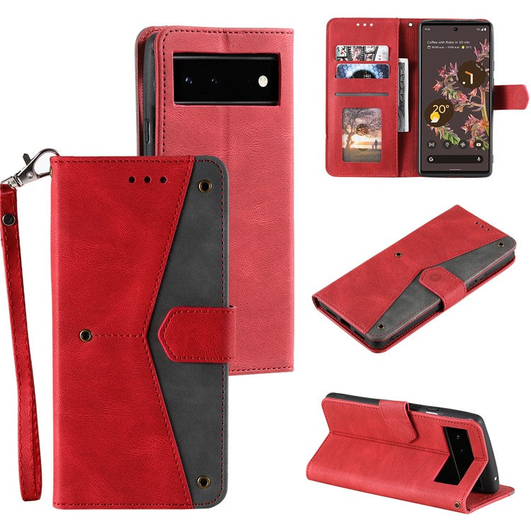 Protective Cover Splicing PU Leather and TPU Phone Flip Case Stitching Skin-touch Stand Wallet for Google Pixel 6 - Red