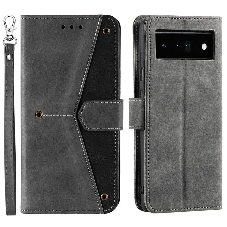 Splicing PU Leather and TPU Phone Flip Case Stitching Skin-touch Stand Wallet Phone Protective Cover for Google Pixel 6 Pro - Grey