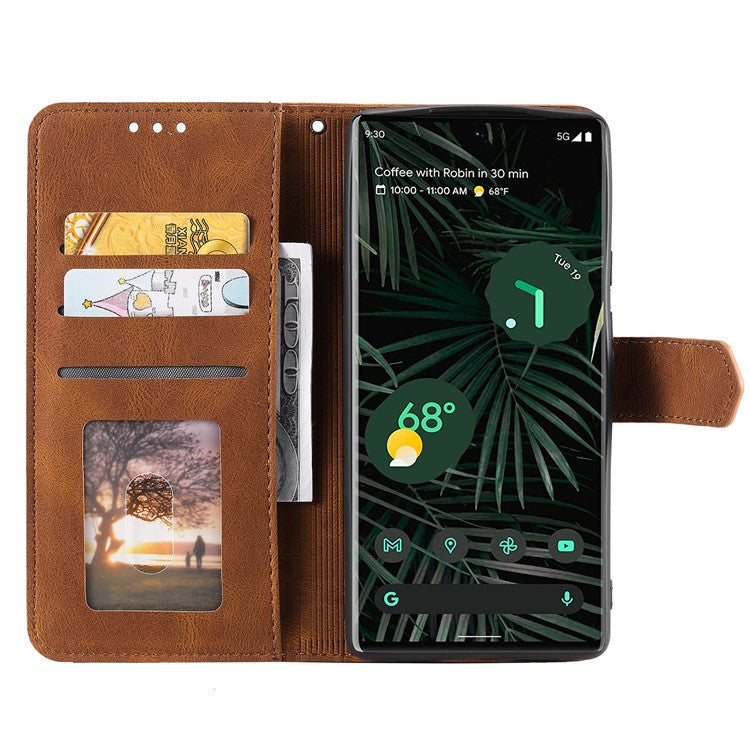 Splicing PU Leather and TPU Phone Flip Case Stitching Skin-touch Stand Wallet Phone Protective Cover for Google Pixel 6 Pro - Brown