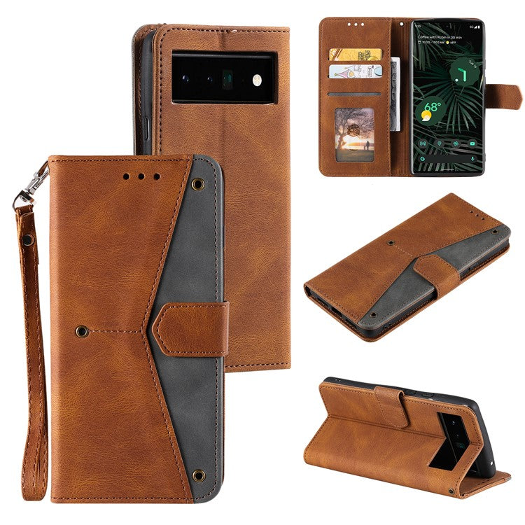 Splicing PU Leather and TPU Phone Flip Case Stitching Skin-touch Stand Wallet Phone Protective Cover for Google Pixel 6 Pro - Brown