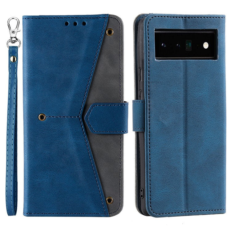 Splicing PU Leather and TPU Phone Flip Case Stitching Skin-touch Stand Wallet Phone Protective Cover for Google Pixel 6 Pro - Blue