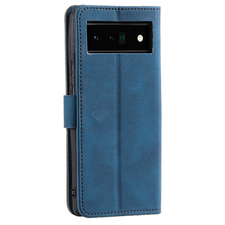 Splicing PU Leather and TPU Phone Flip Case Stitching Skin-touch Stand Wallet Phone Protective Cover for Google Pixel 6 Pro - Blue