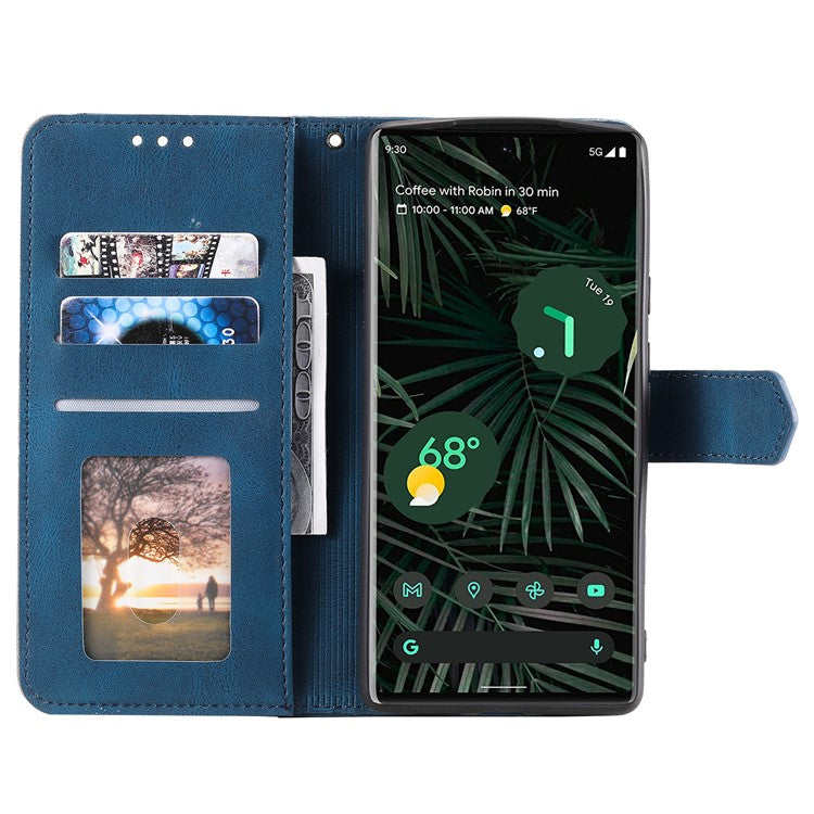 Splicing PU Leather and TPU Phone Flip Case Stitching Skin-touch Stand Wallet Phone Protective Cover for Google Pixel 6 Pro - Blue