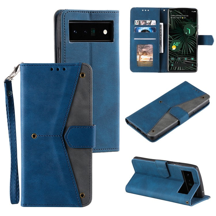 Splicing PU Leather and TPU Phone Flip Case Stitching Skin-touch Stand Wallet Phone Protective Cover for Google Pixel 6 Pro - Blue