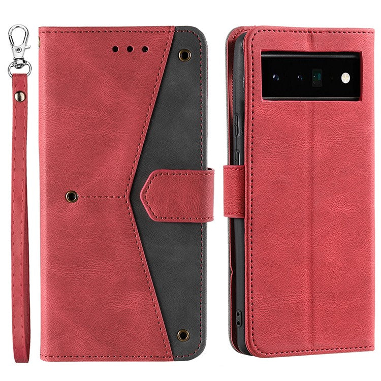 Splicing PU Leather and TPU Phone Flip Case Stitching Skin-touch Stand Wallet Phone Protective Cover for Google Pixel 6 Pro - Red