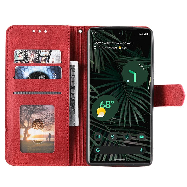 Splicing PU Leather and TPU Phone Flip Case Stitching Skin-touch Stand Wallet Phone Protective Cover for Google Pixel 6 Pro - Red