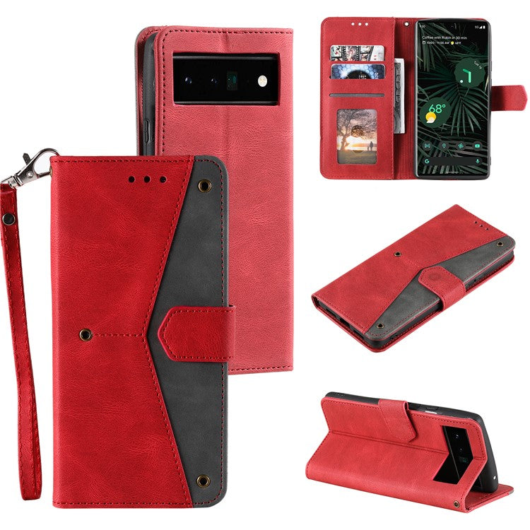 Splicing PU Leather and TPU Phone Flip Case Stitching Skin-touch Stand Wallet Phone Protective Cover for Google Pixel 6 Pro - Red