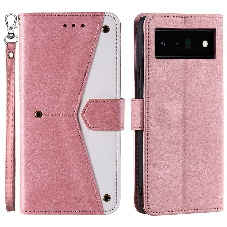 Splicing PU Leather and TPU Phone Flip Case Stitching Skin-touch Stand Wallet Phone Protective Cover for Google Pixel 6 Pro - Pink