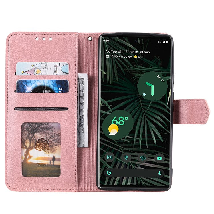 Splicing PU Leather and TPU Phone Flip Case Stitching Skin-touch Stand Wallet Phone Protective Cover for Google Pixel 6 Pro - Pink