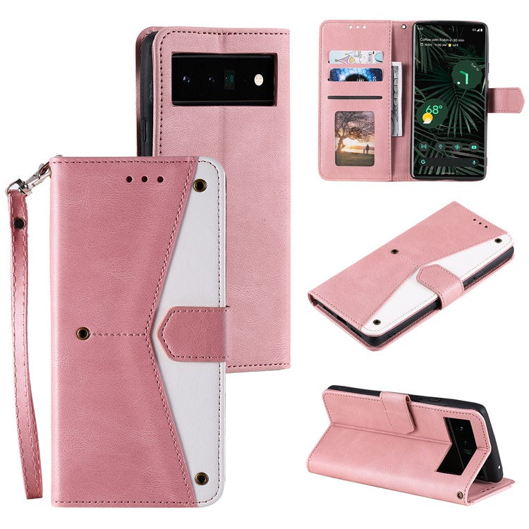 Splicing PU Leather and TPU Phone Flip Case Stitching Skin-touch Stand Wallet Phone Protective Cover for Google Pixel 6 Pro - Pink