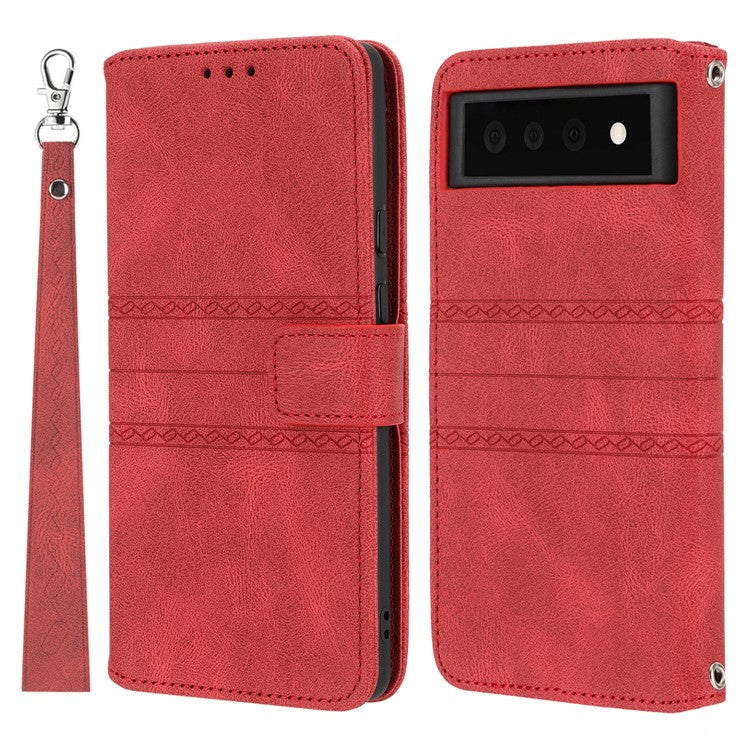 Short Lanyard Soft PU Leather and TPU Imprinted Pattern Wallet Phone Case Cover with Stand for Google Pixel 6 - Red