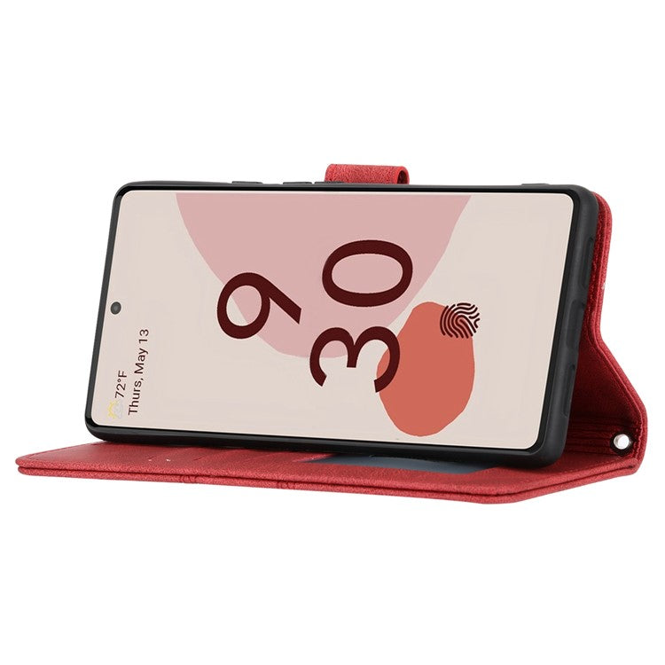 Short Lanyard Soft PU Leather and TPU Imprinted Pattern Wallet Phone Case Cover with Stand for Google Pixel 6 - Red