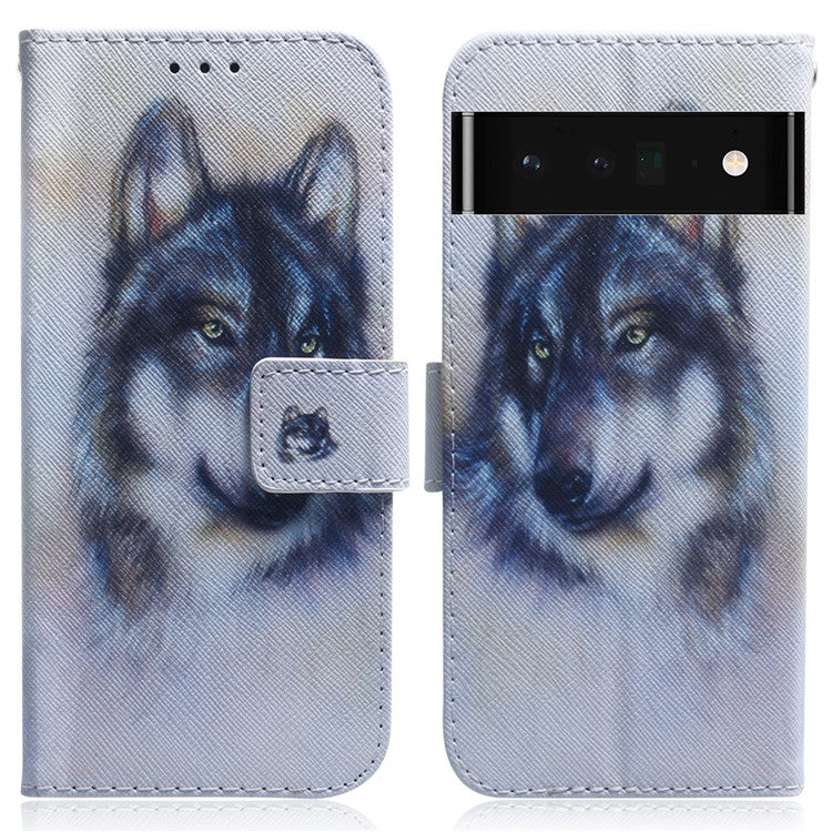 PU Leather Pattern Printing Folio Flip Case Wallet Stand Soft TPU Inner Phone Cover for Google Pixel 6 Pro - Wolf