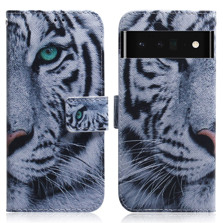 PU Leather Pattern Printing Folio Flip Case Wallet Stand Soft TPU Inner Phone Cover for Google Pixel 6 Pro - Tiger Head