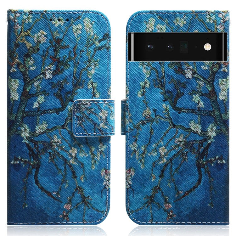 PU Leather Pattern Printing Folio Flip Case Wallet Stand Soft TPU Inner Phone Cover for Google Pixel 6 Pro - Apricot Blossom