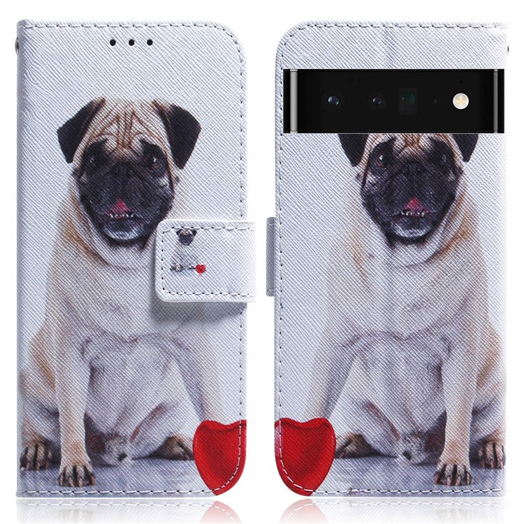 PU Leather Pattern Printing Folio Flip Case Wallet Stand Soft TPU Inner Phone Cover for Google Pixel 6 Pro - Pug