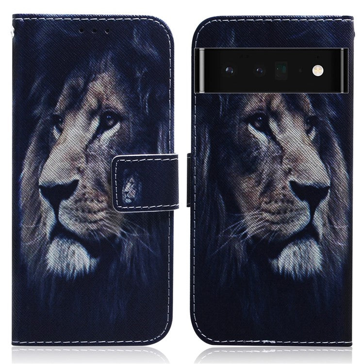 PU Leather Pattern Printing Folio Flip Case Wallet Stand Soft TPU Inner Phone Cover for Google Pixel 6 Pro - Lion