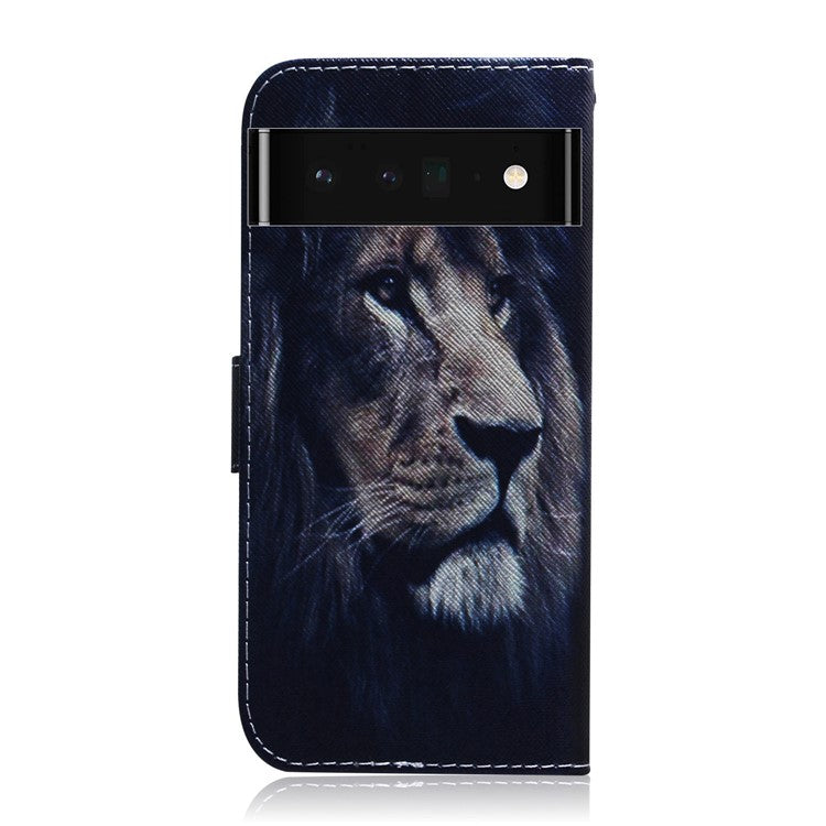 PU Leather Pattern Printing Folio Flip Case Wallet Stand Soft TPU Inner Phone Cover for Google Pixel 6 Pro - Lion