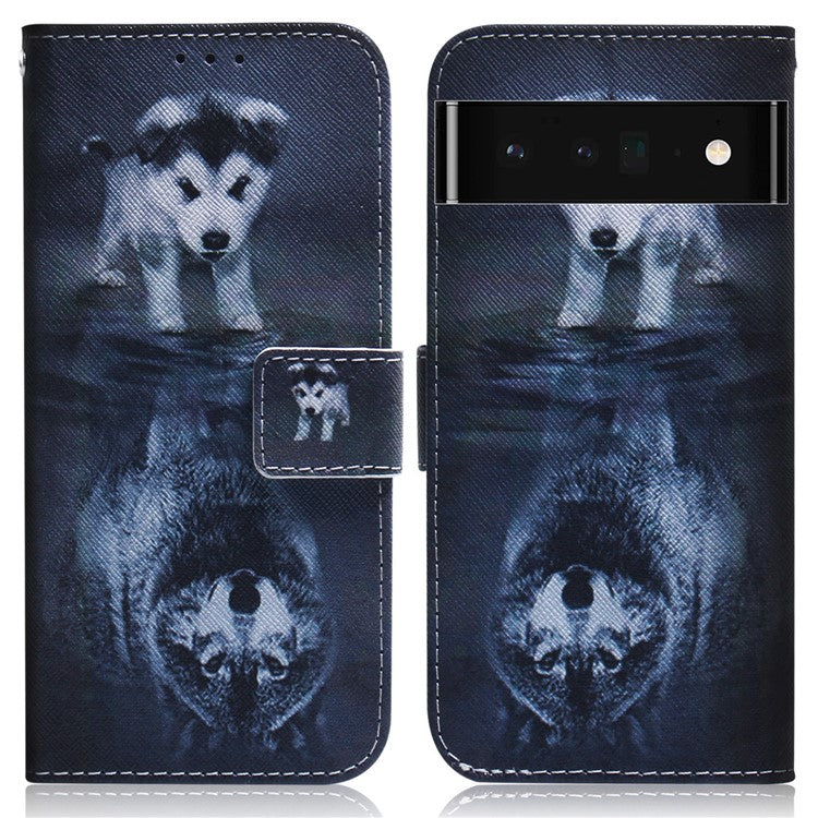 PU Leather Pattern Printing Folio Flip Case Wallet Stand Soft TPU Inner Phone Cover for Google Pixel 6 Pro - Dog and Wolf