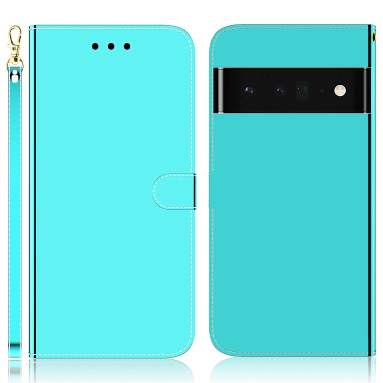 For Google Pixel 6 Durable PU Leather Mirror-like Surface Wallet Stand Phone Cover Shell - Cyan